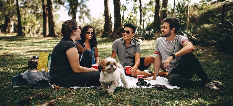Weekend getaway, friends with a dog in the park sitting on a blanket.